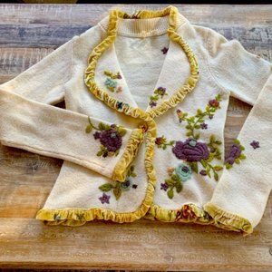 Moth Velvet and Embroidery Sweater Blazer cardigan cream white & yellow trim EUC